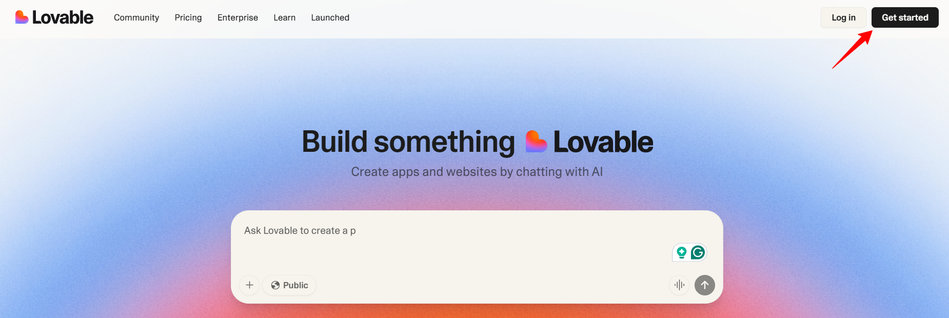 screenshot of Lovable website with the 'Get Started' button highlighted