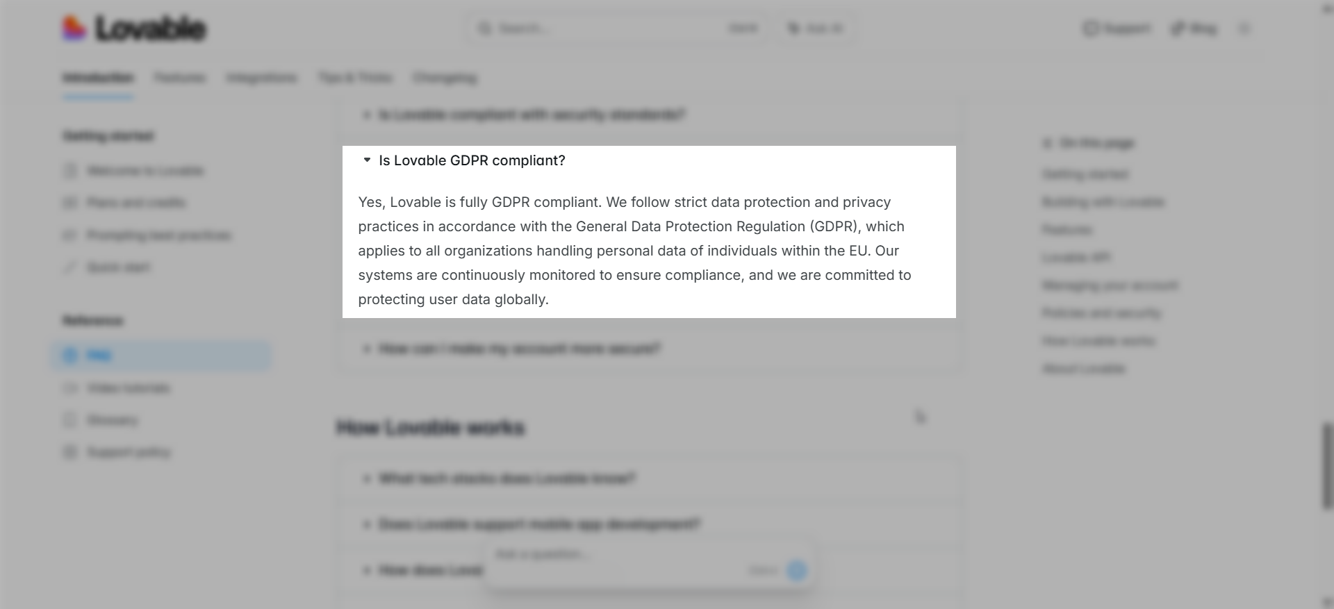 screenshot of the Lovable GDPR compliant article