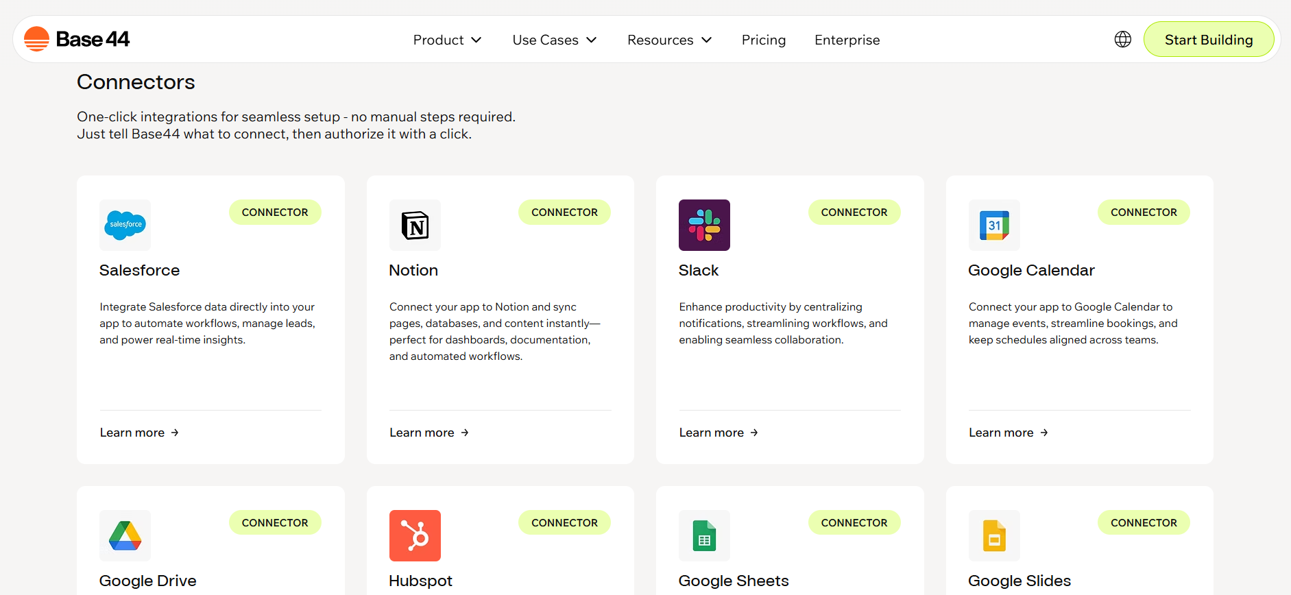 screenshot of the Base44 Connectors menu