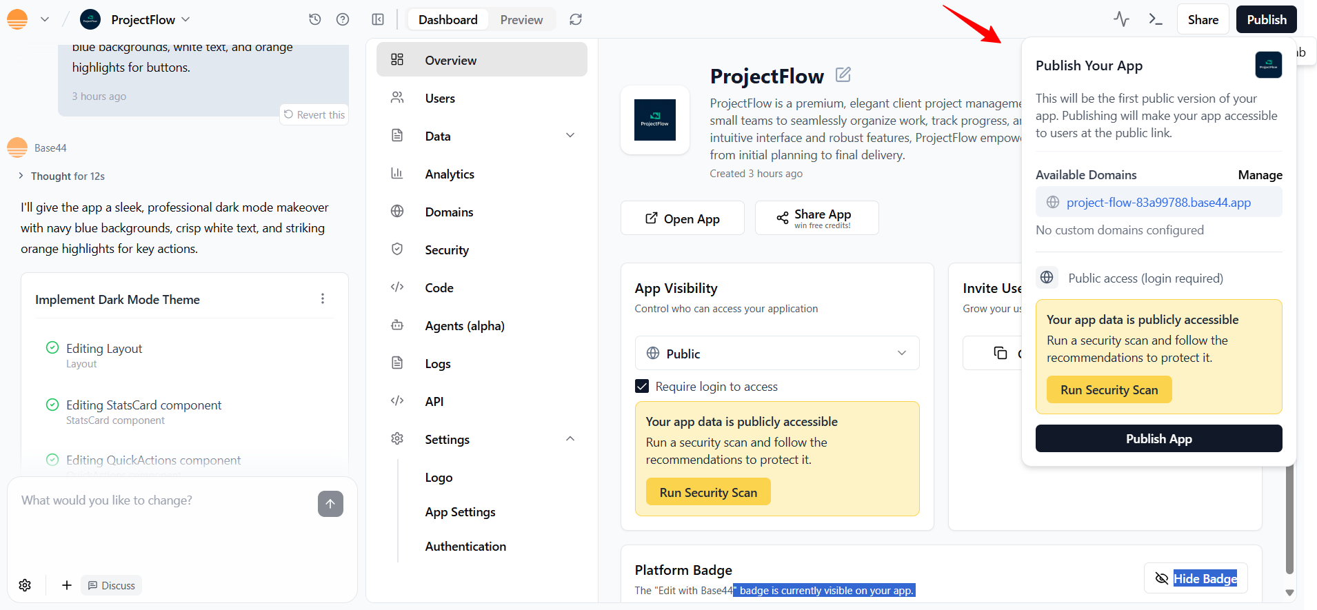screenshot of the Base44 'Publish Your App' panel