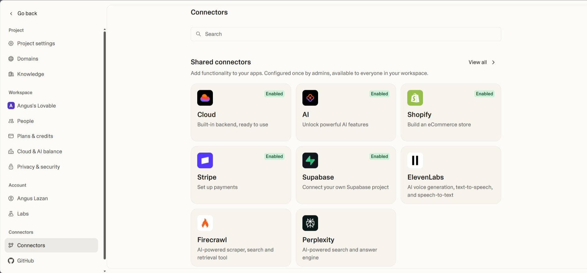 screenshot of the Connectors page