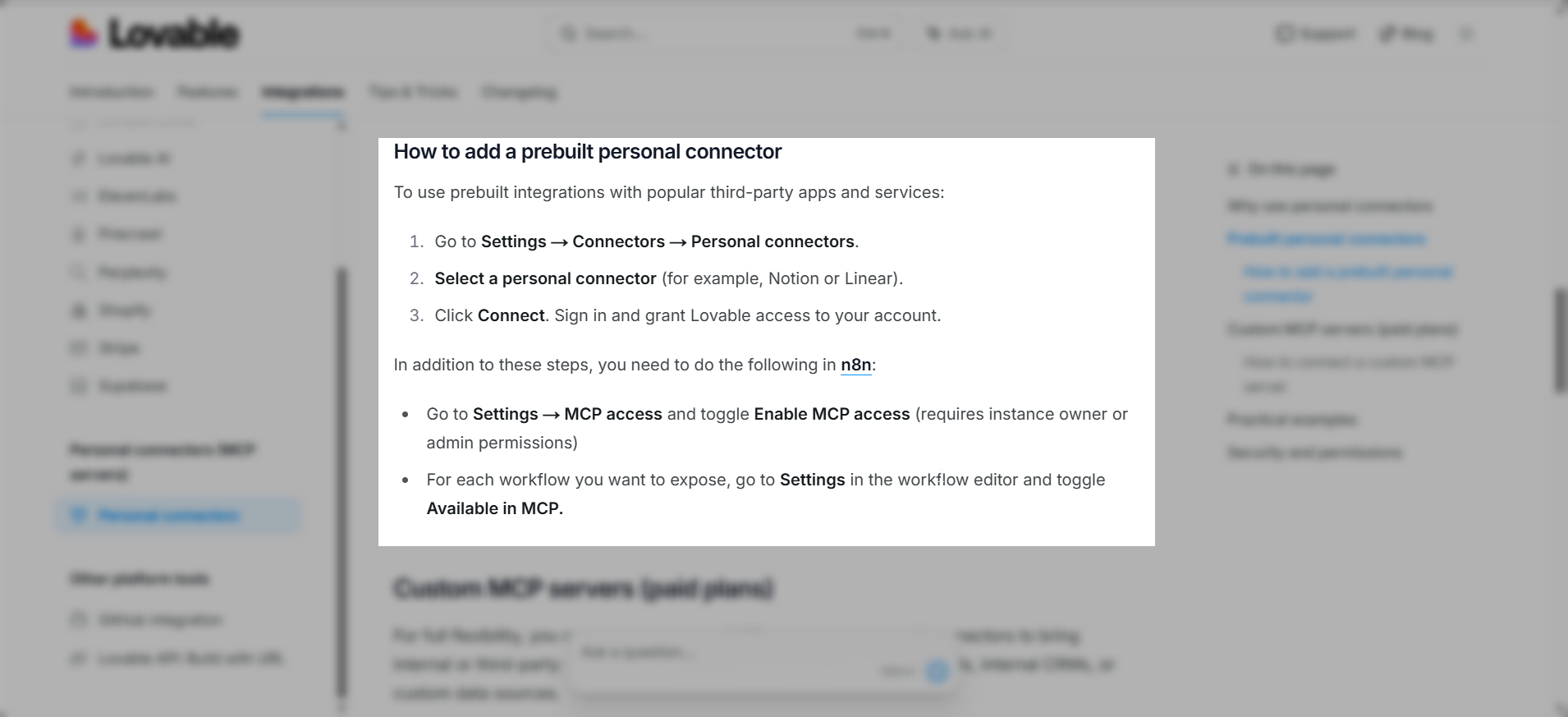 screenshot of the Lovable 'How to add a prebuilt personal connector' instruction
