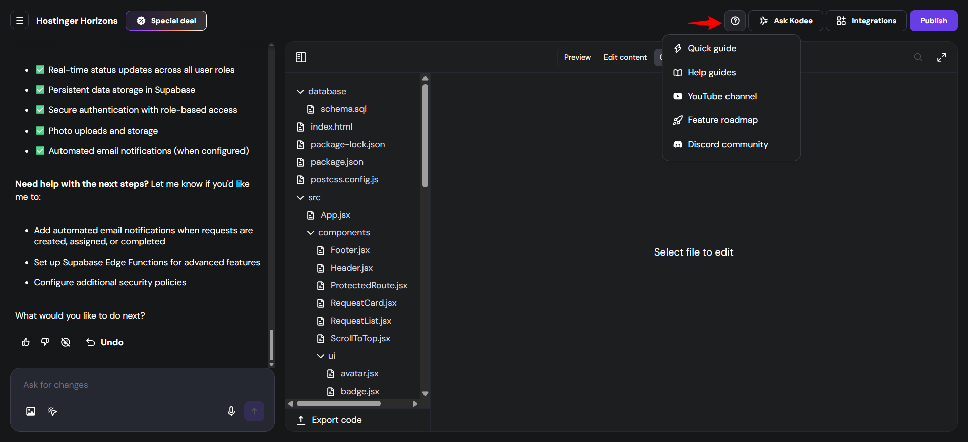 screenshot of the Help button