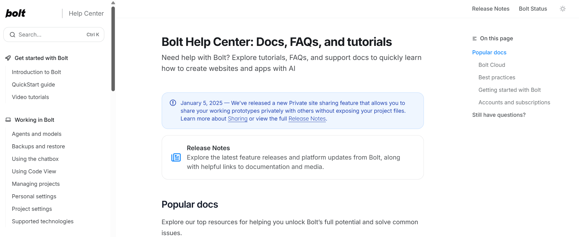 screenshot of Bolt help center