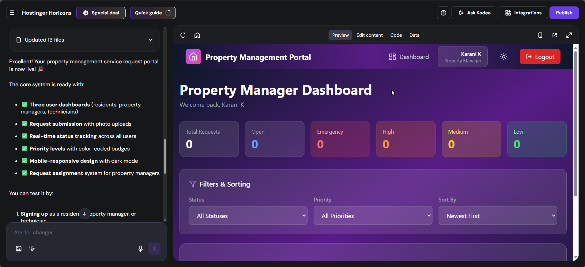 screenshot of Hostinger Horizons AI Builded website