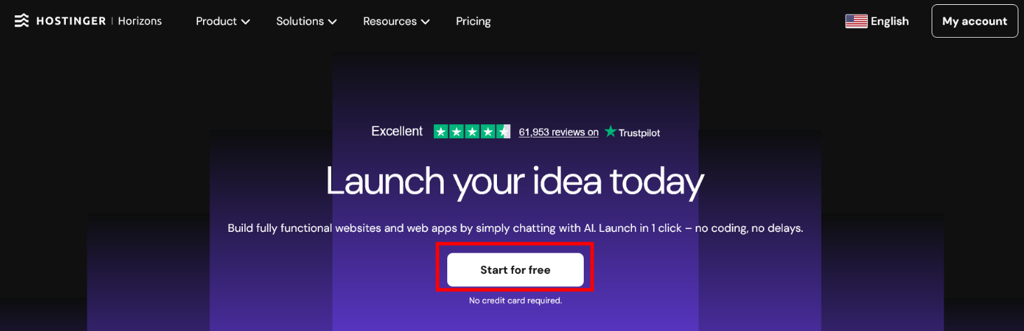 screenshot of Hostinger Horizons website 'Start for free' button