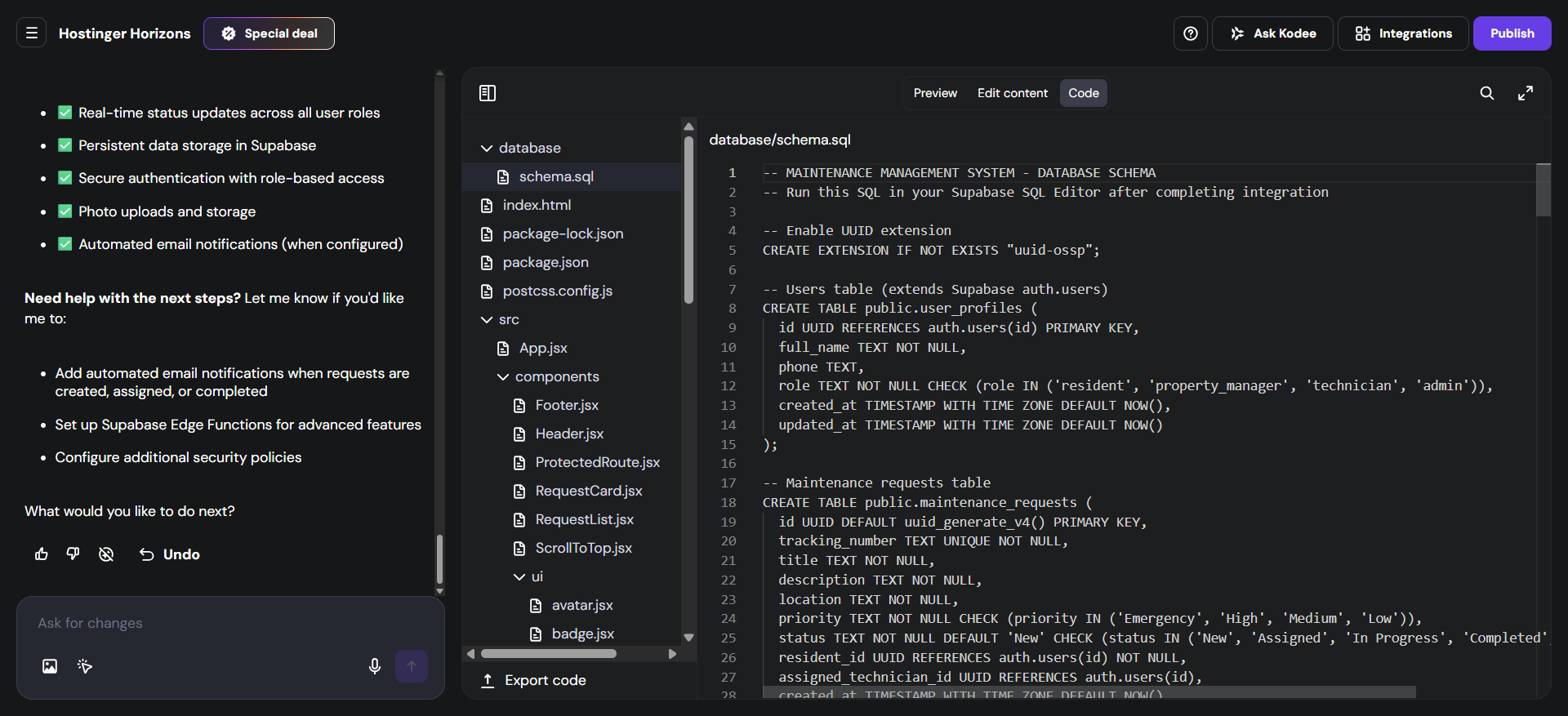screenshot of Hostinger Horizons schema sql