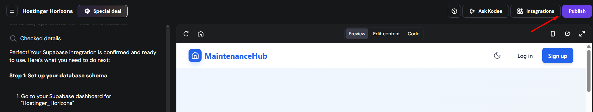 screenshot of Hostinger Horizons 'Publish' button