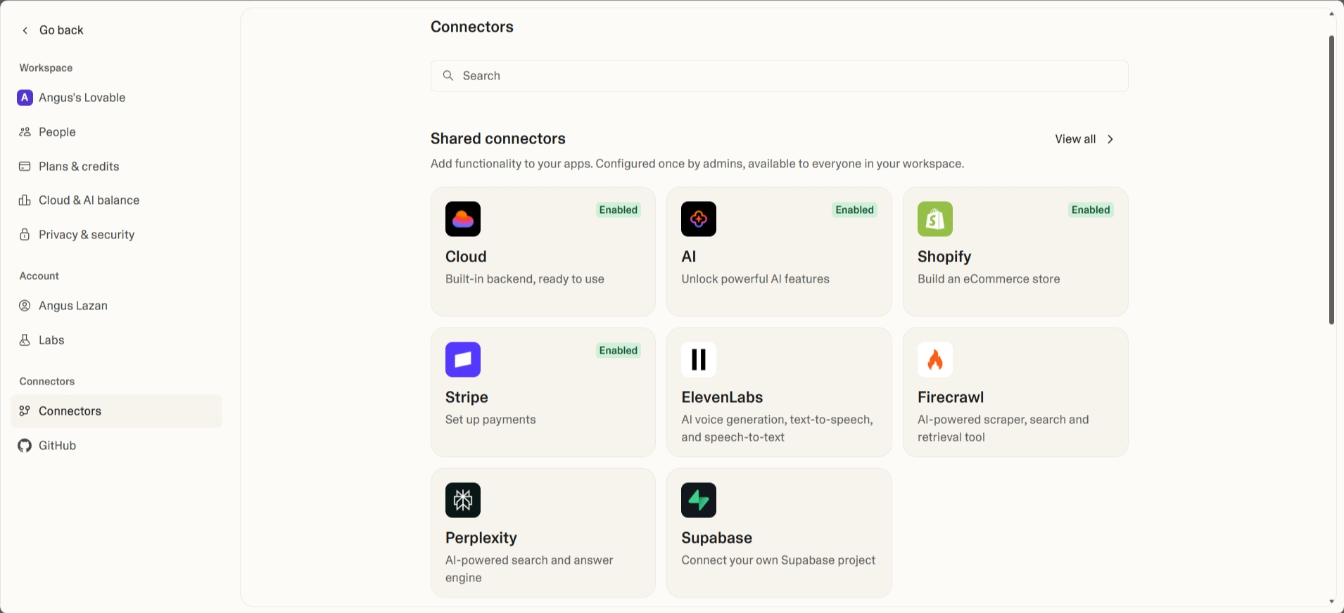 screenshot of Lovable 'Connectors' page