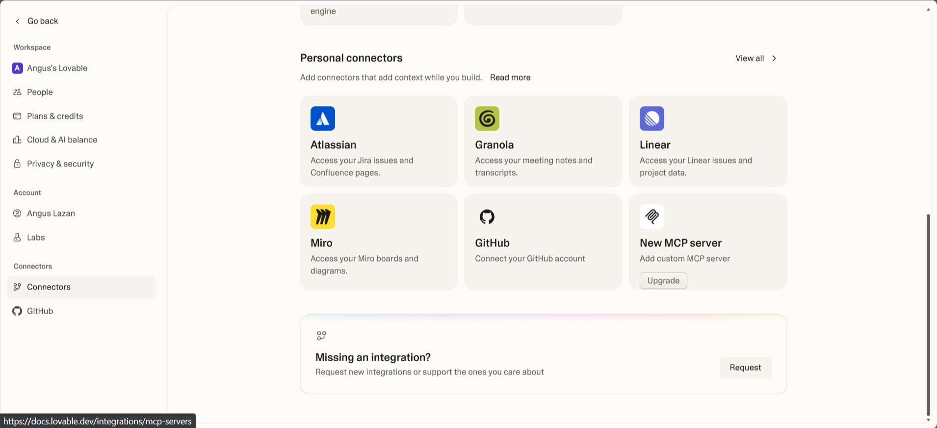 screenshot of Lovable 'Personal connectors' page