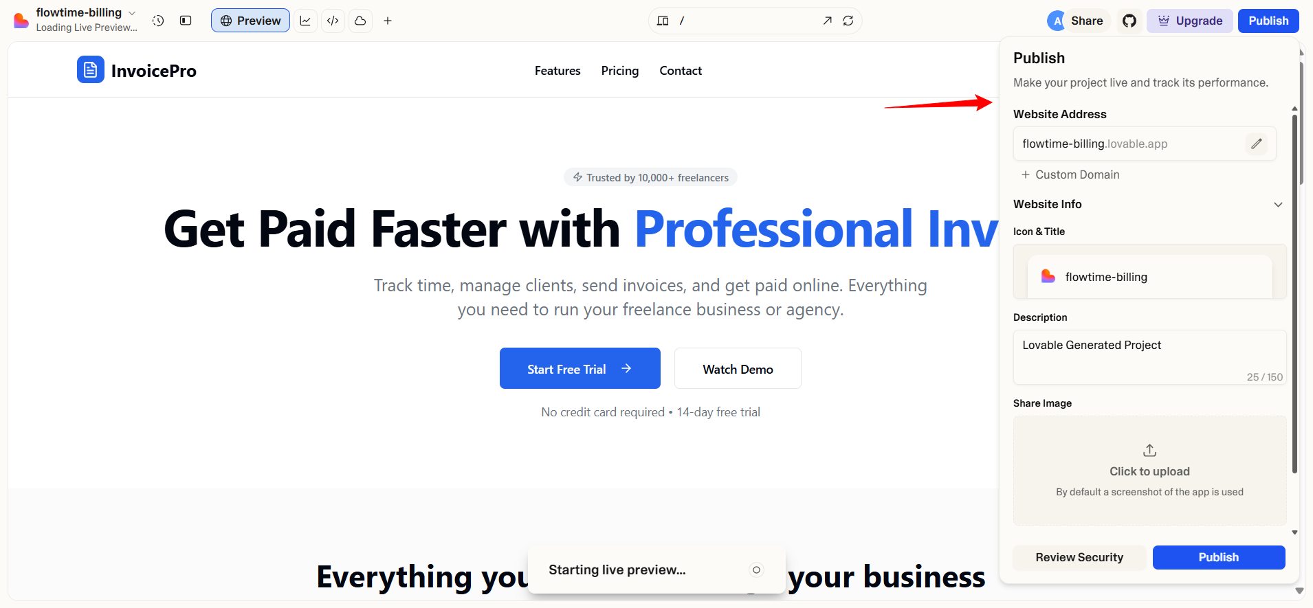 screenshot of Lovable 'Publish' menu