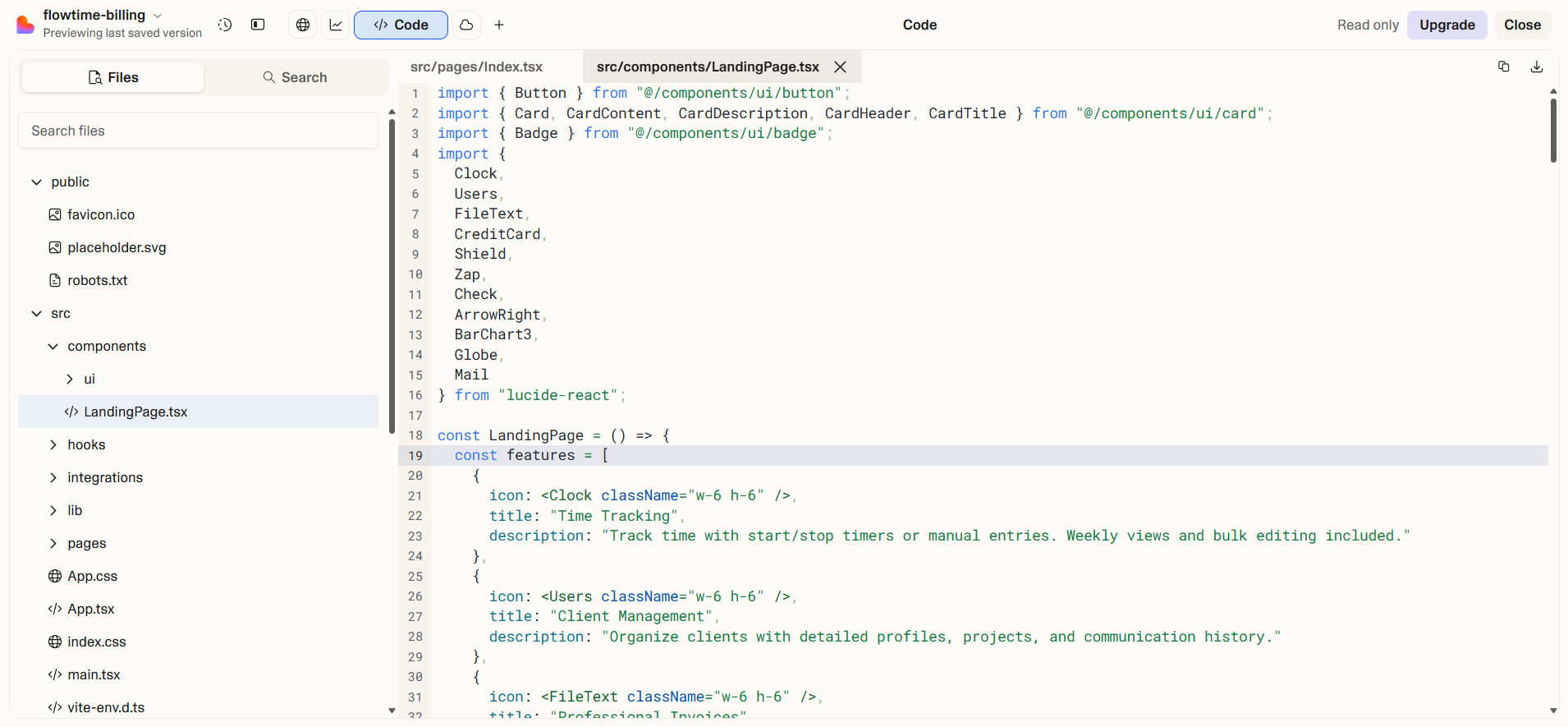 screenshot of Lovable landingPage.tsk file