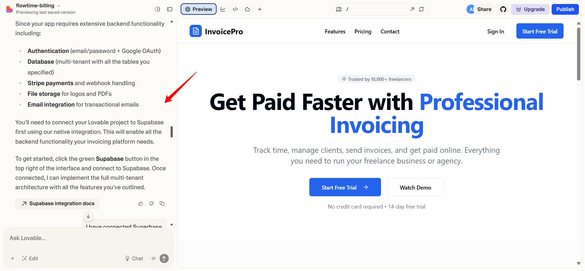 screenshot of Lovable InvoicePro 