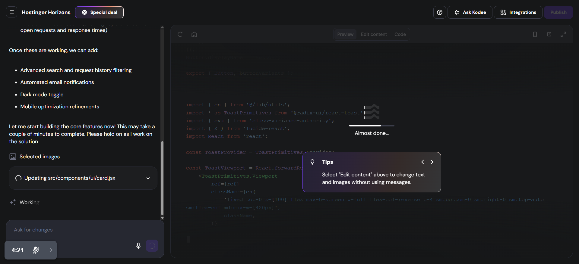 screenshot of Hostinger Horizons tips
