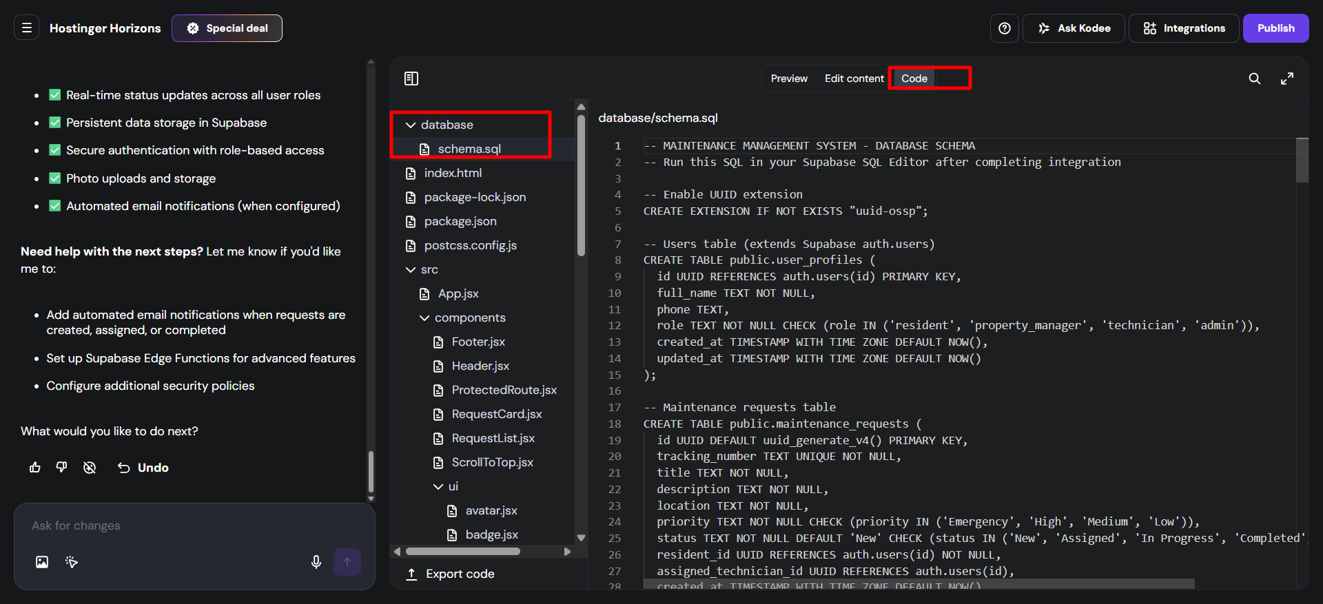 screenshot of Hostinger Horizons code editor