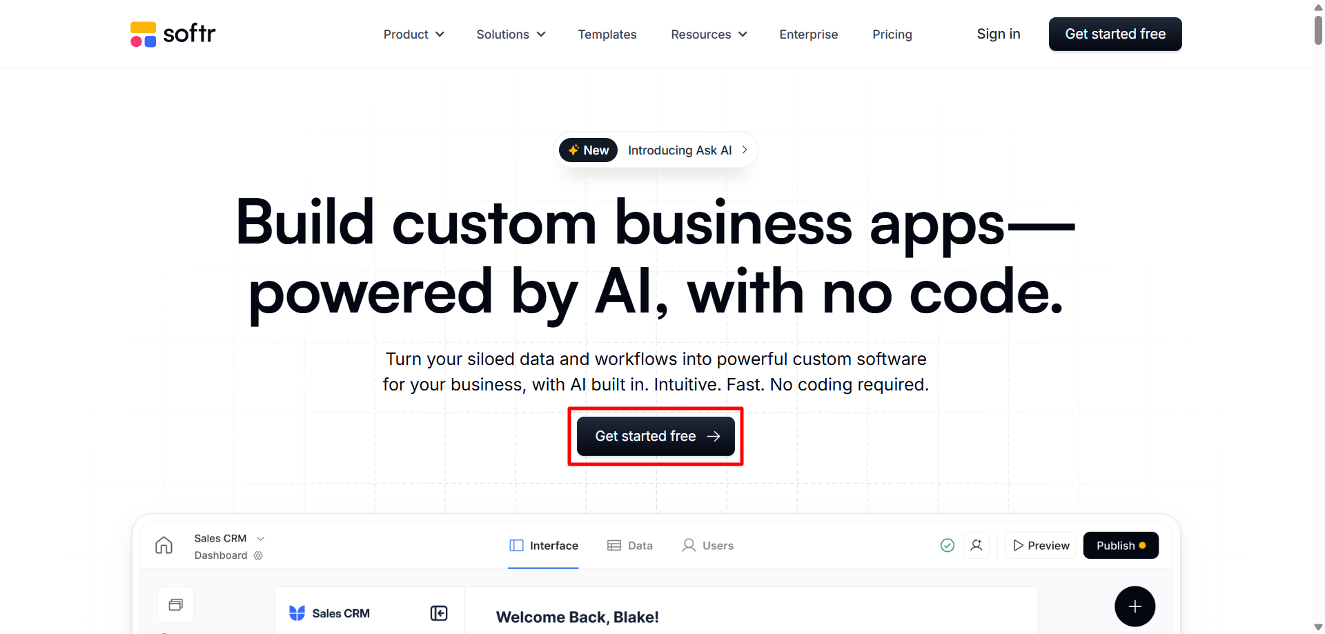 screenshot of the Softr website 'Get Started free' button