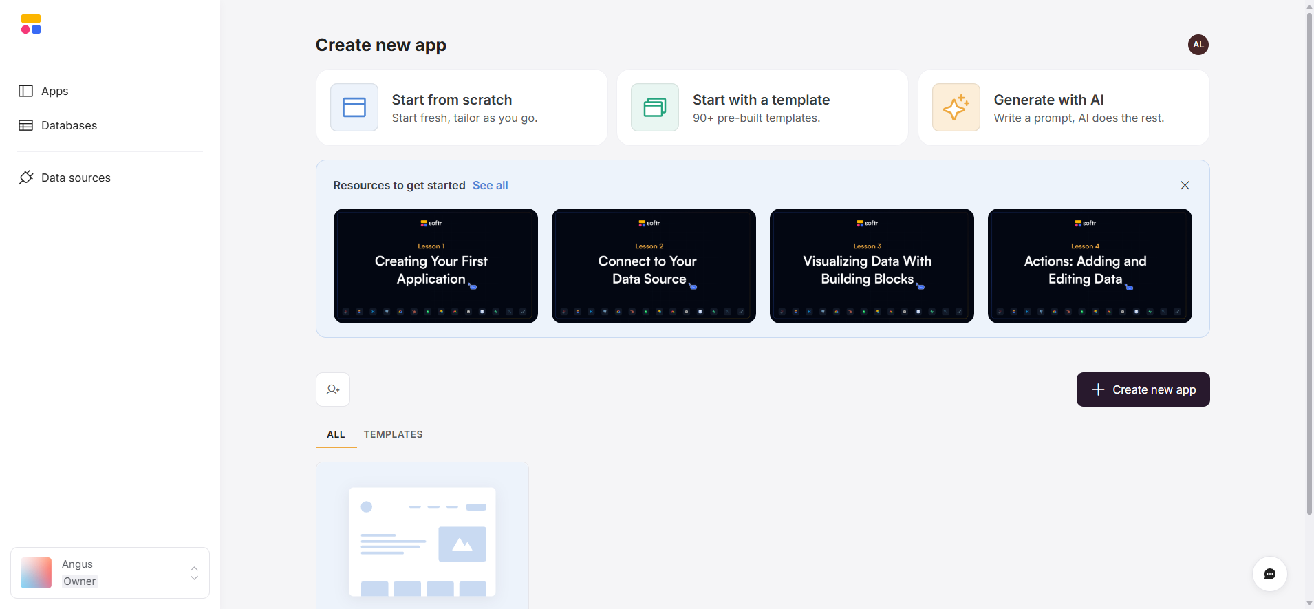 screenshot of the Softr dashboard