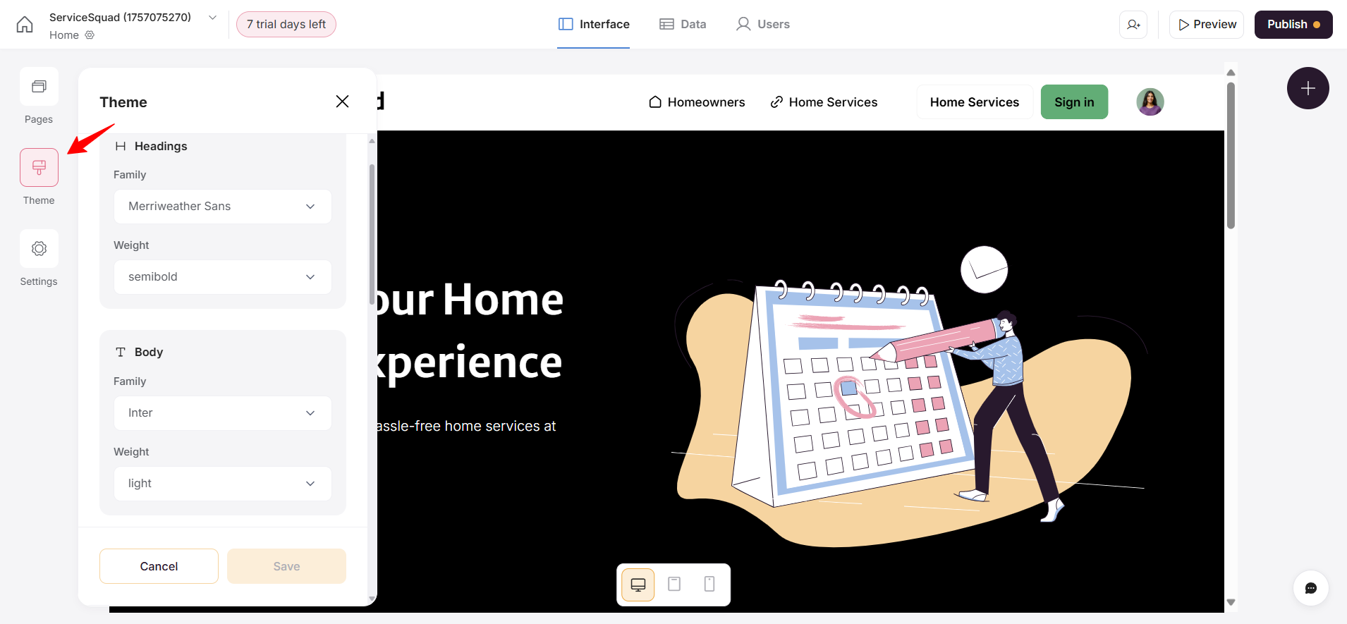 screenshot of the Softr Dashboard 'Theme' panel
