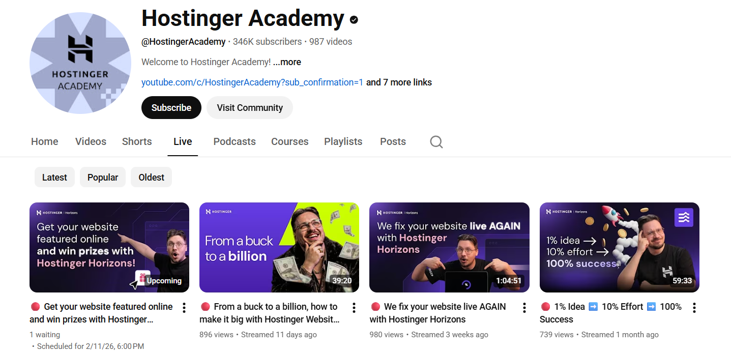 screenshot of the Hostinger Academy YouTube channel