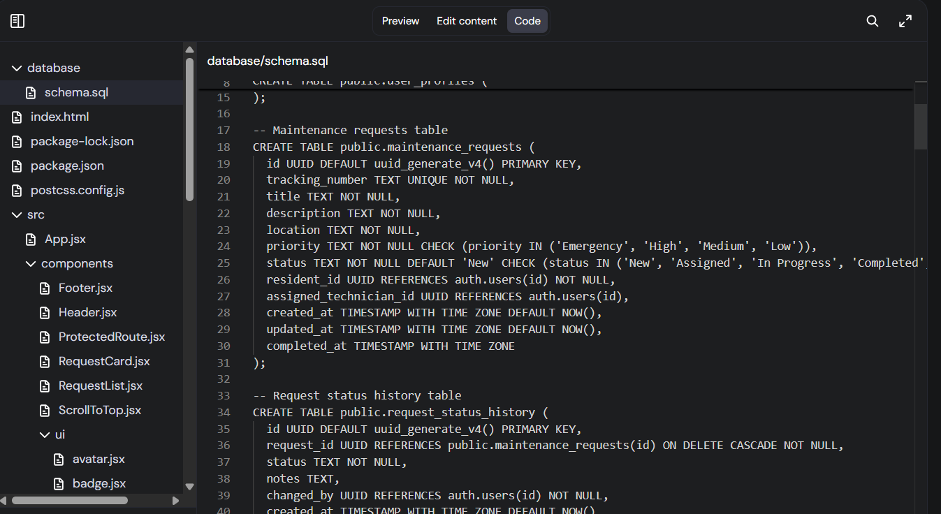 screenshot of the sql schema
