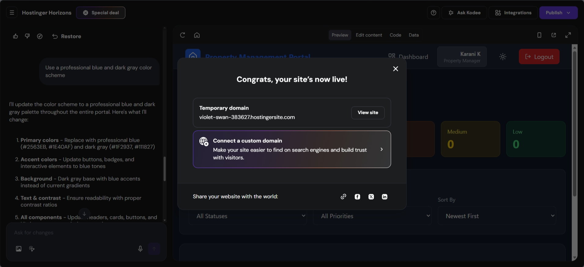 screenshot of the Horizons domain settings