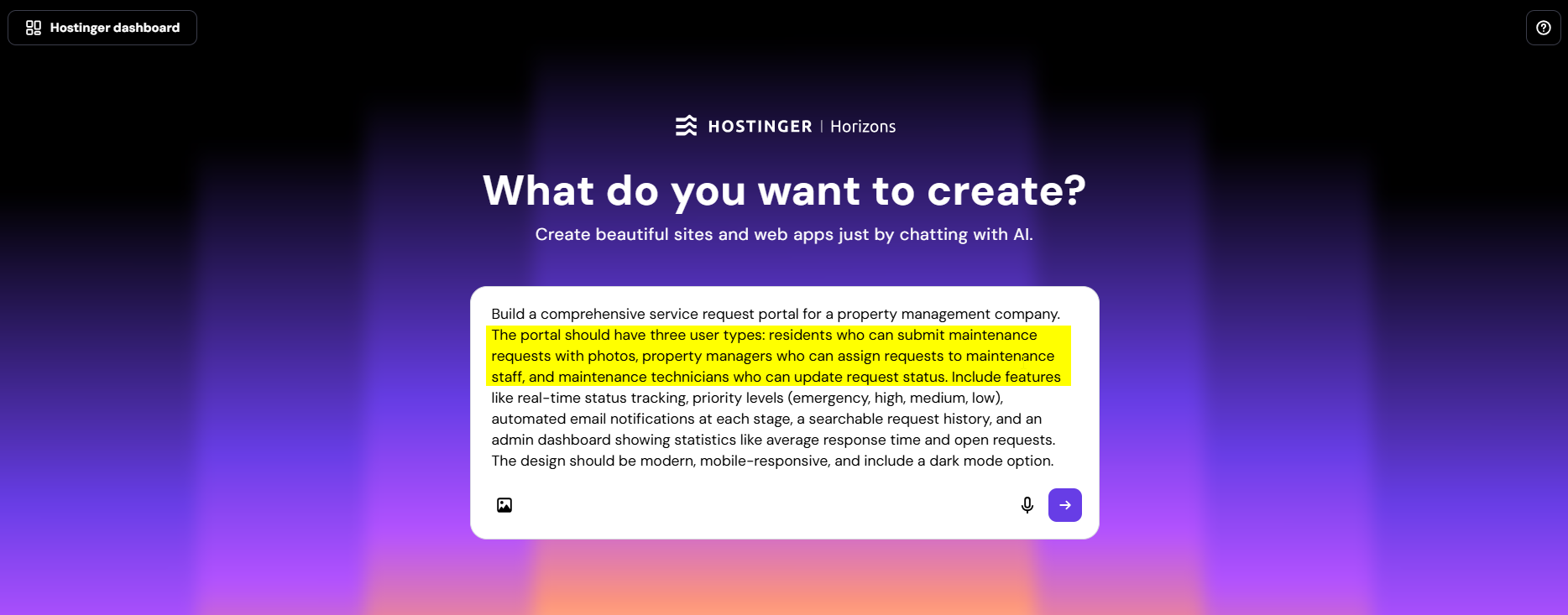 screenshot of the Hostinger Horizons AI Chat prompt