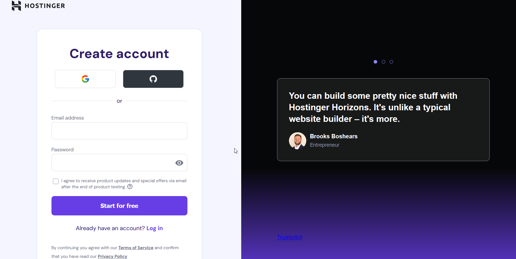 screenshot of the Hostinger Sign Up page