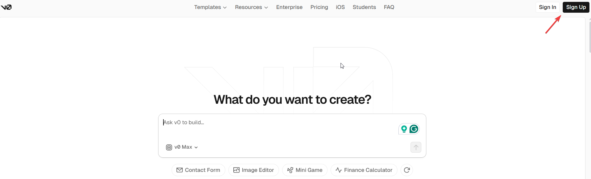 screenshot of the v0 Sign Up button