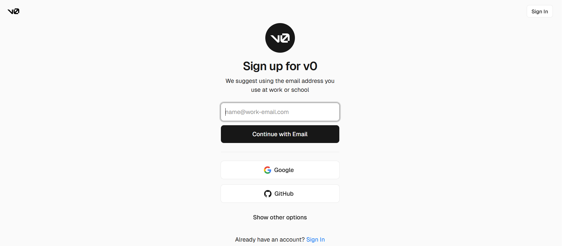 screenshot of the v0 Sign Up page