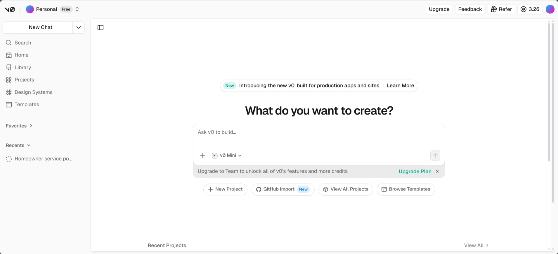 screenshot of the v0 AI chat
