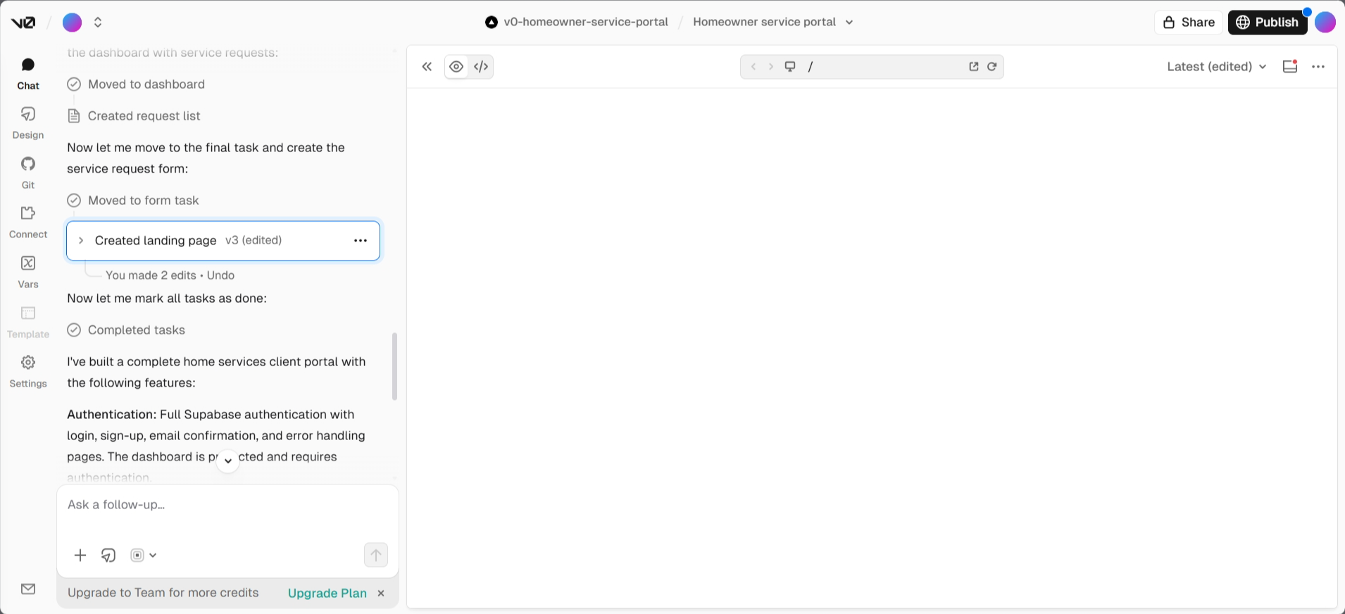 screenshot of the v0 AI chat conversation