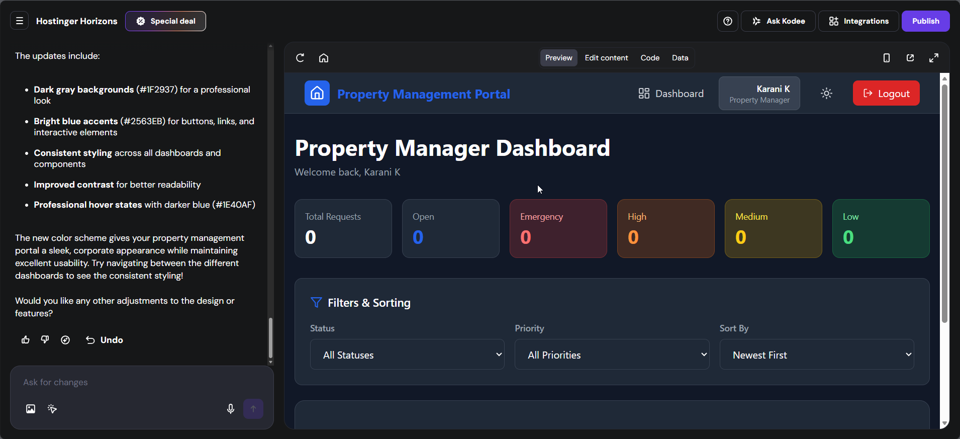 screenshot of the Property Manager Dashboard