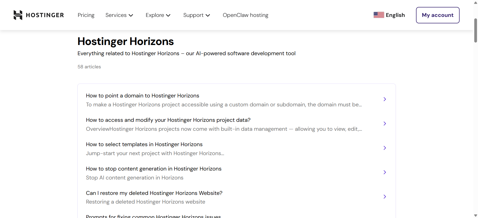 screenshot of the Hostinger Horizons Help articles