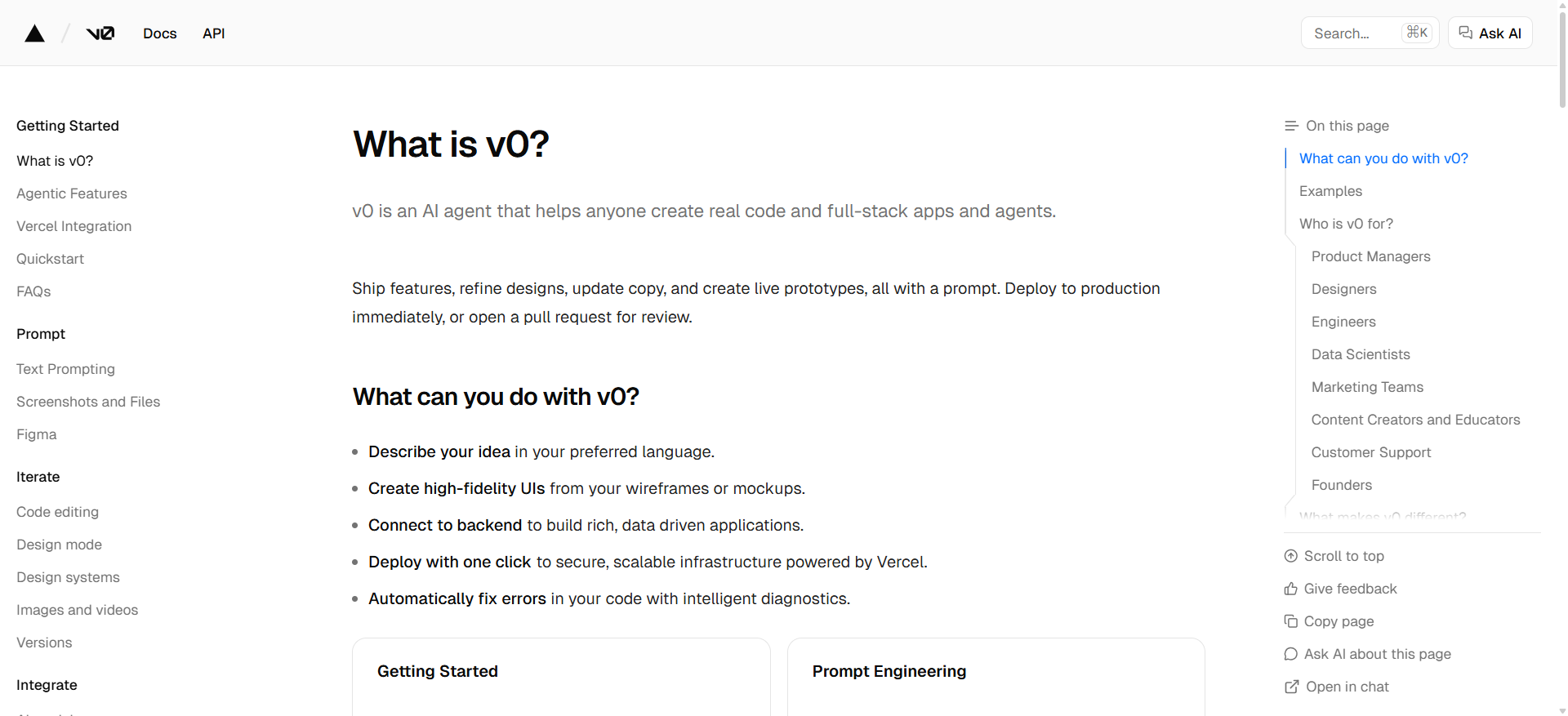 screenshot of the v0 Help articles