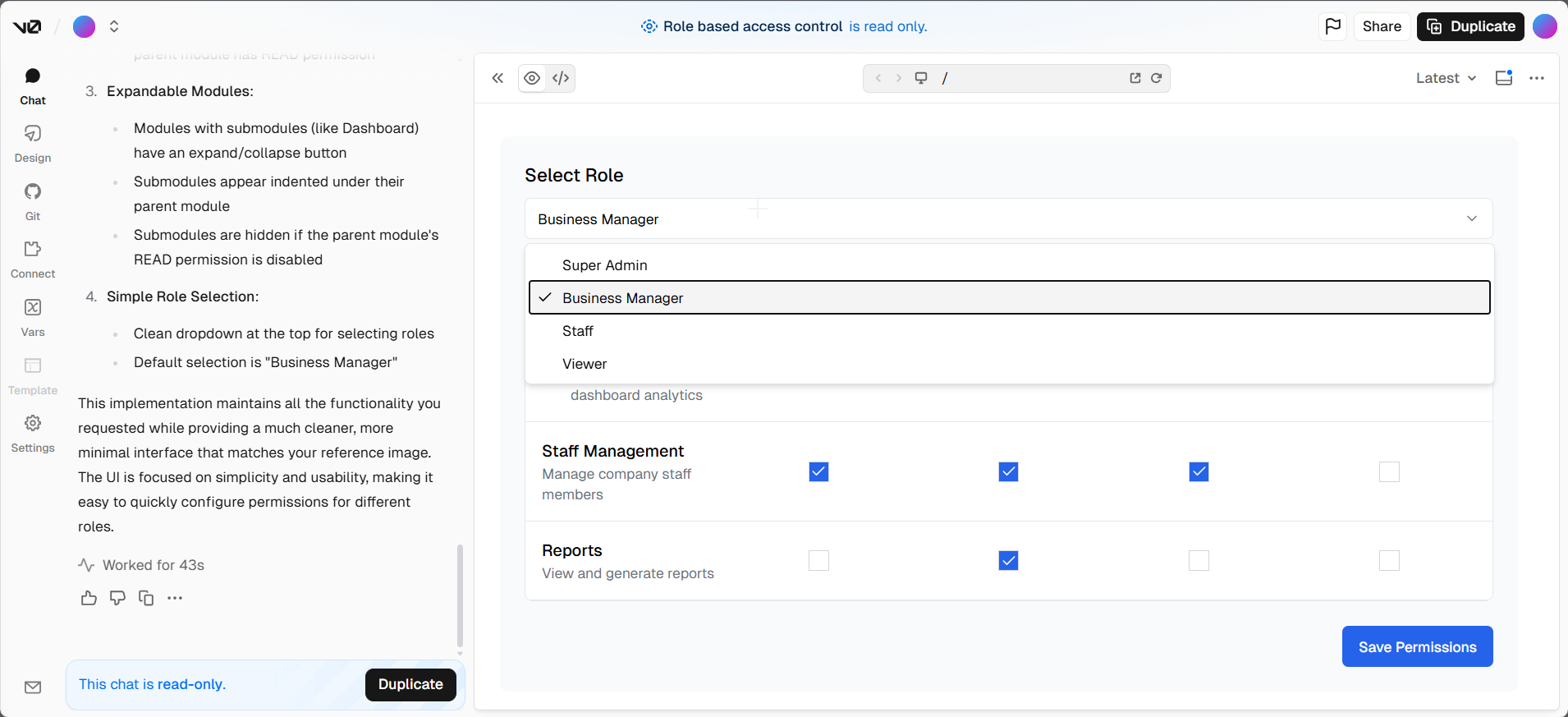 screenshot of the v0 Select Role panel