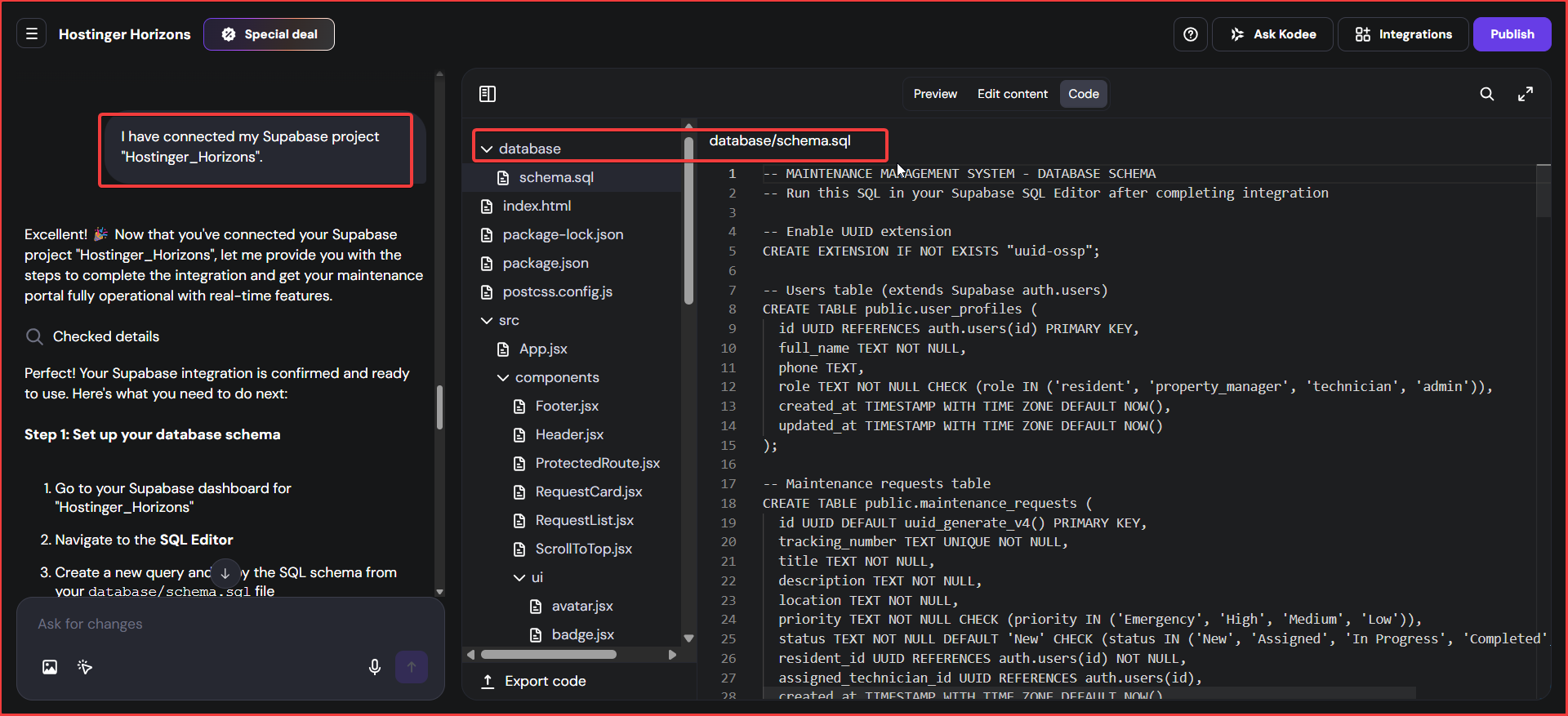 screenshot of the Database code