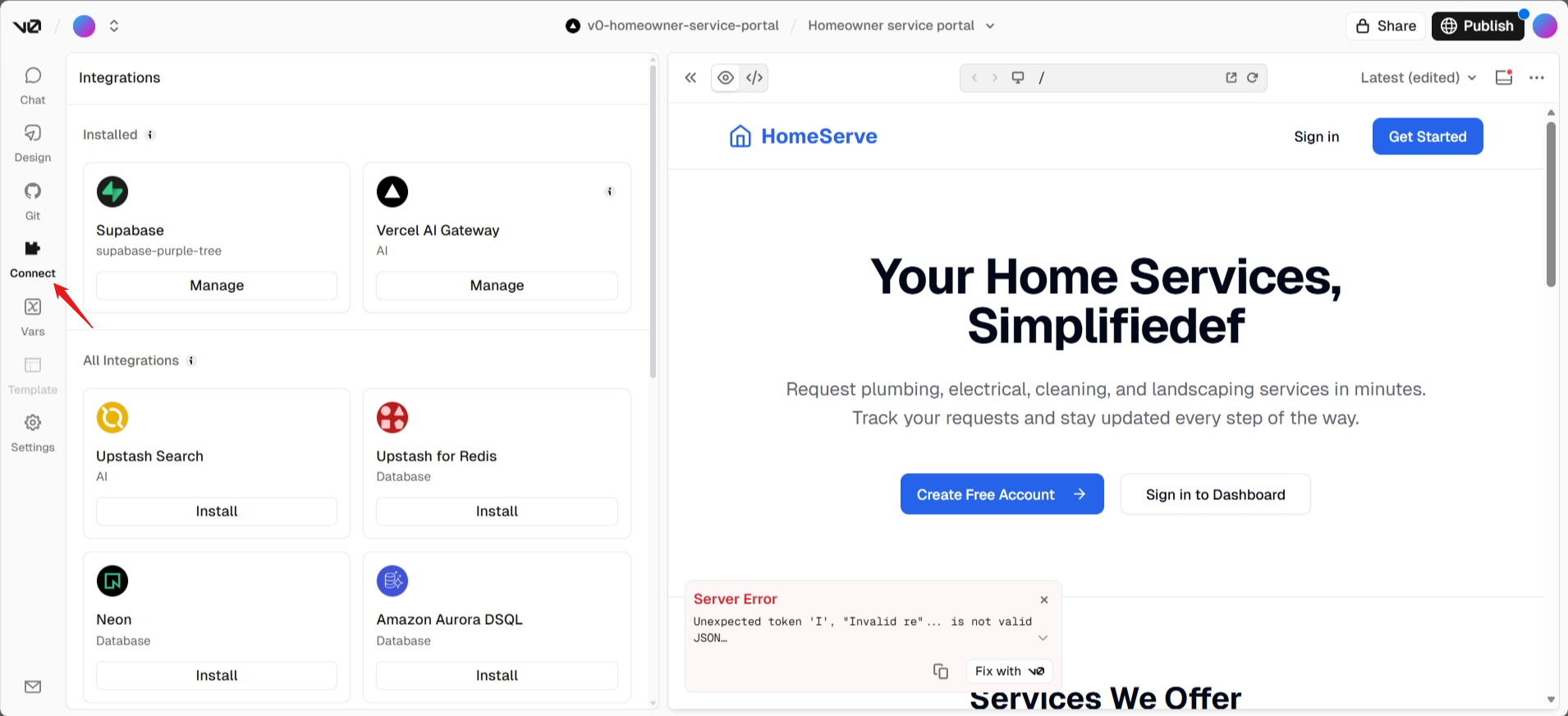 screenshot of the Hostinger Horizons Connect tab