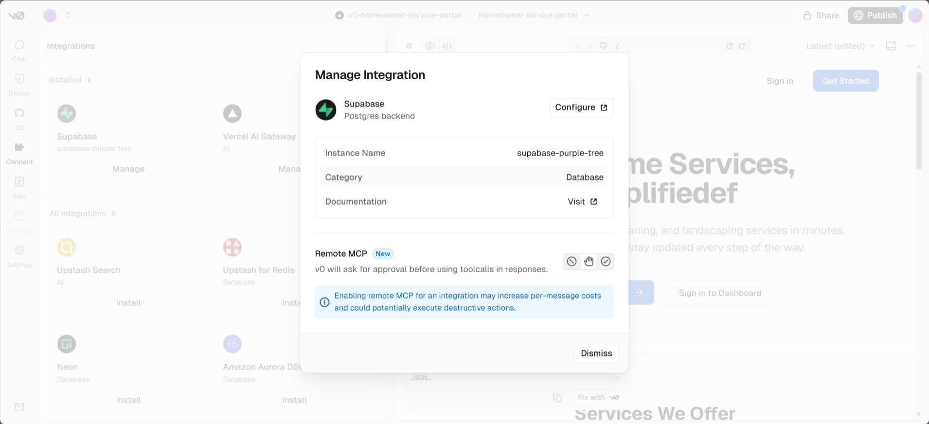 screenshot of the Hostinger Horizons Manage Integrations pop-up menu