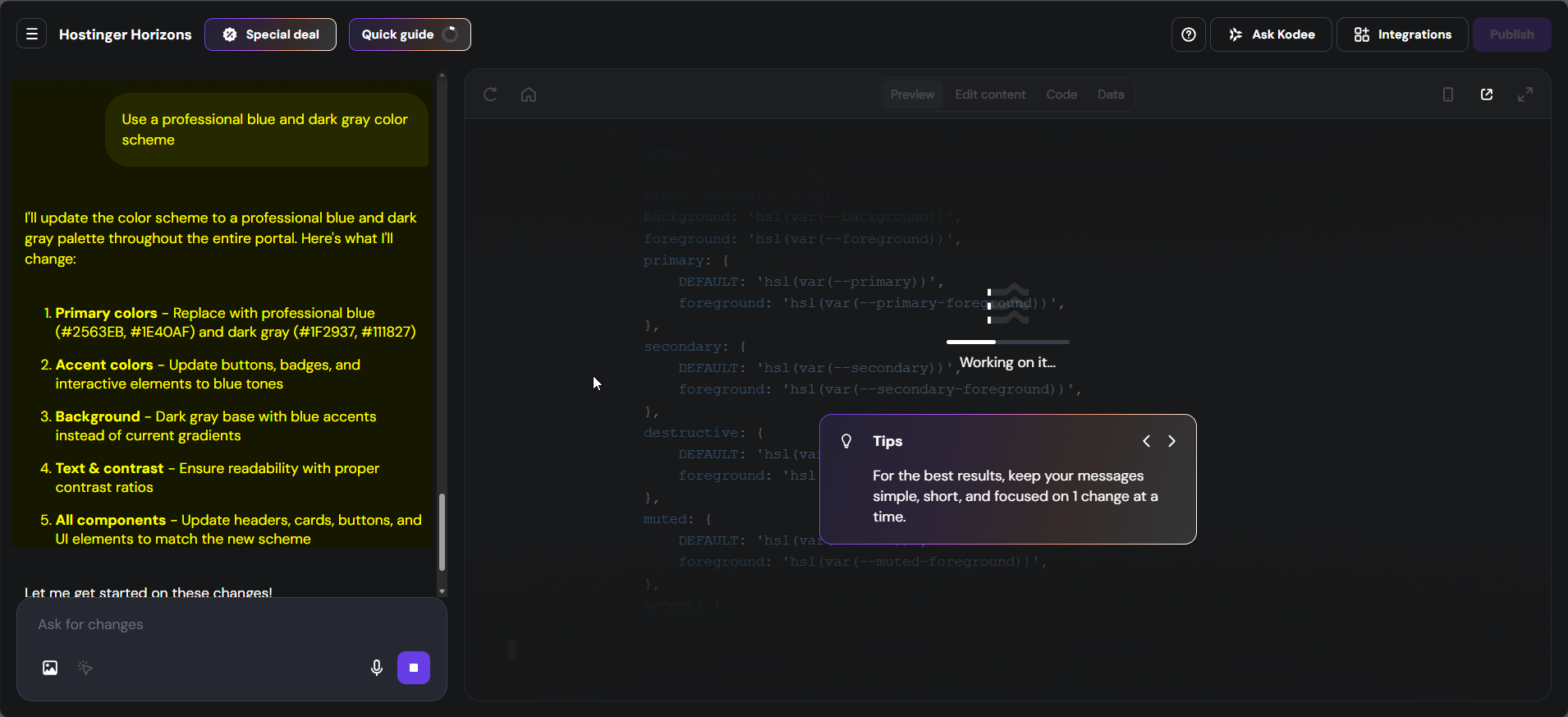screenshot of the Hostinger Horizons Tips