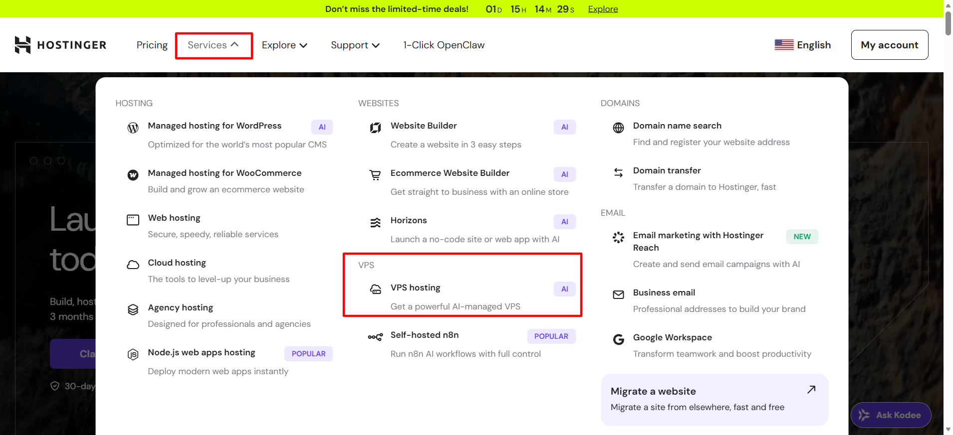 screenshot of Hostinger website with the 'VPS Hosting' highlighted