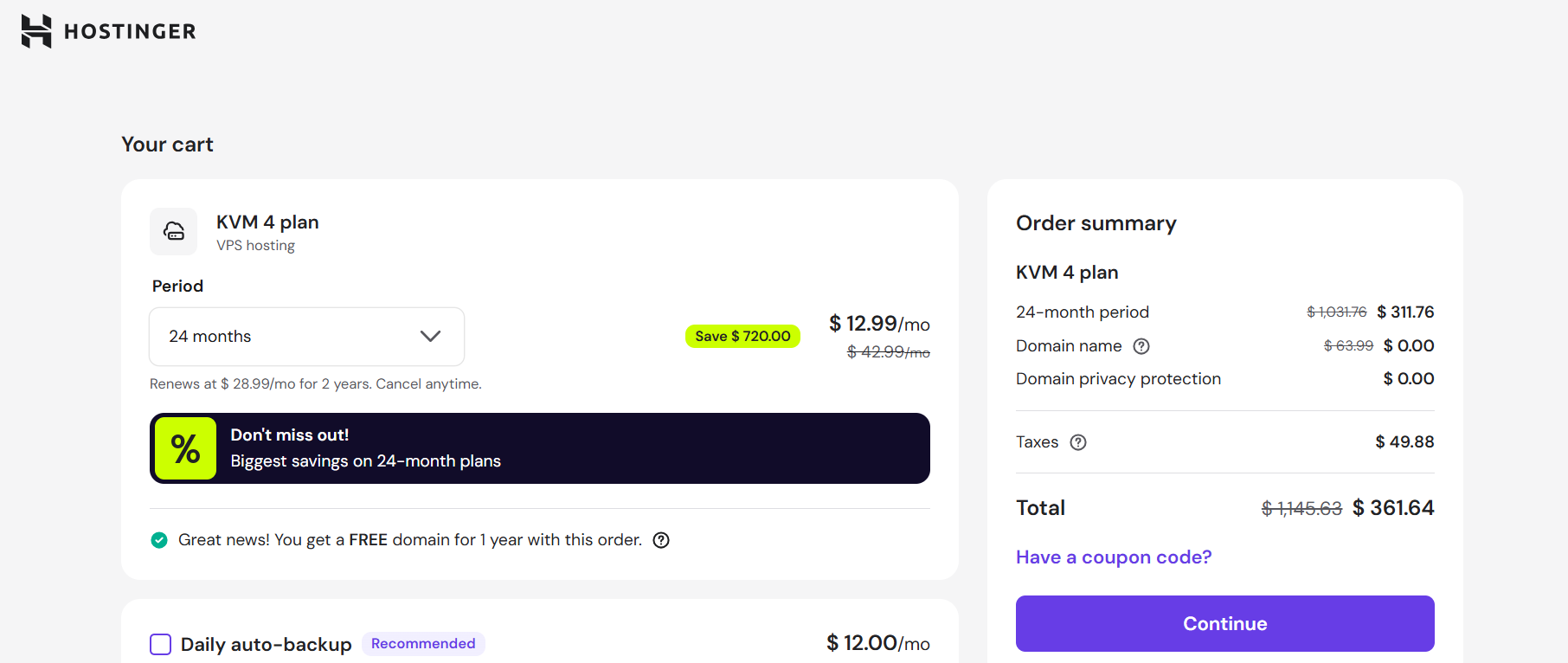 screenshot of Hostinger cart