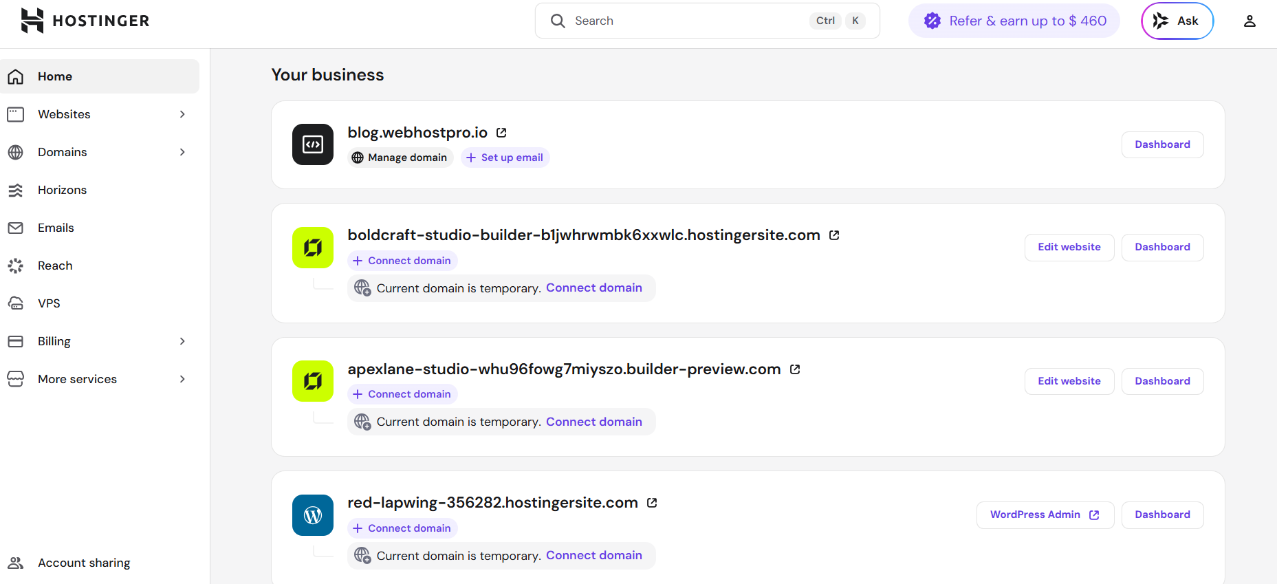 screenshot of Hostinger hPanel dashboard 'Your business' page