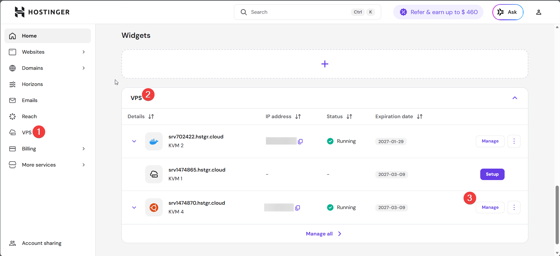 screenshot of Hostinger Dashboard 'VPS' panel