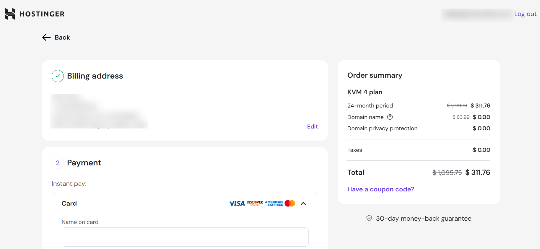 screenshot of Hostinger cart