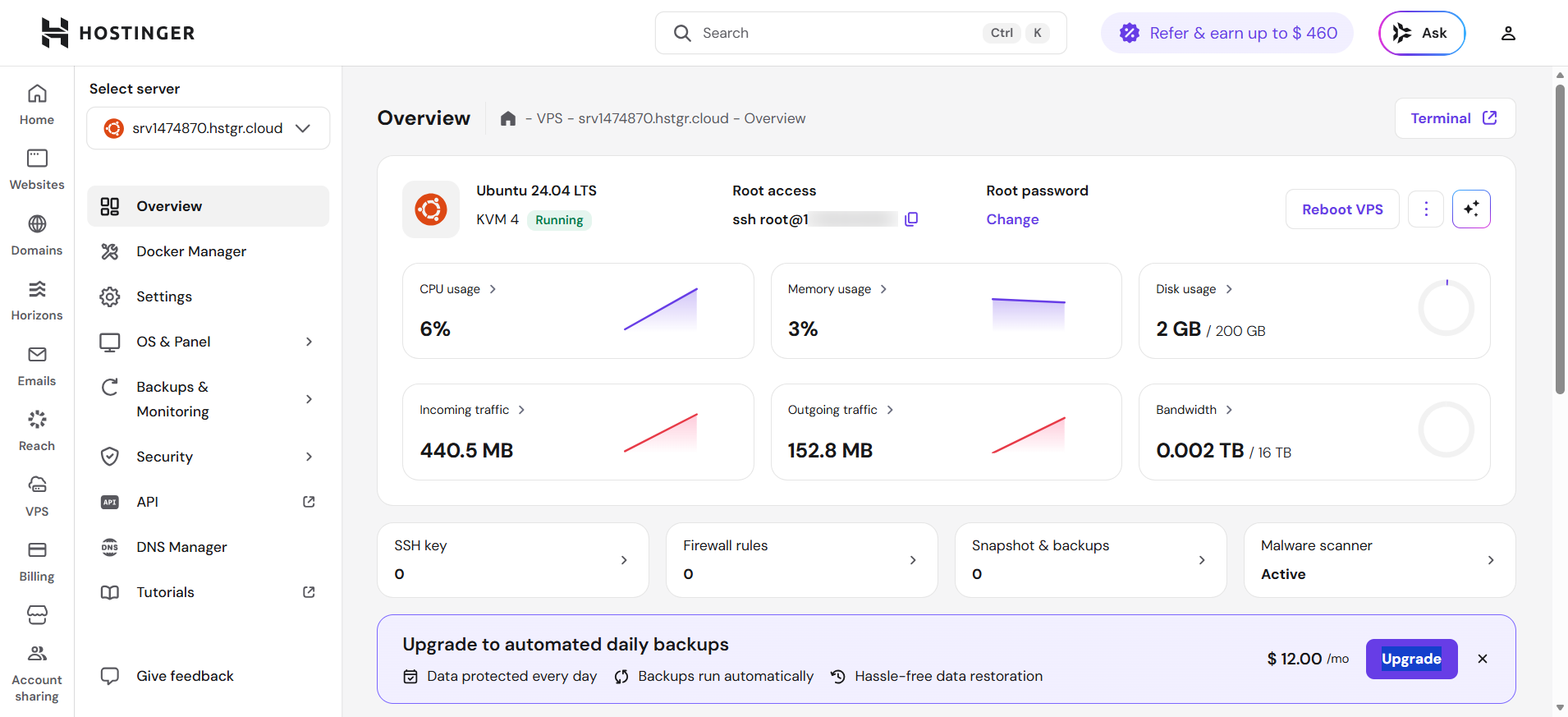 screenshot of Hostinger Server overview