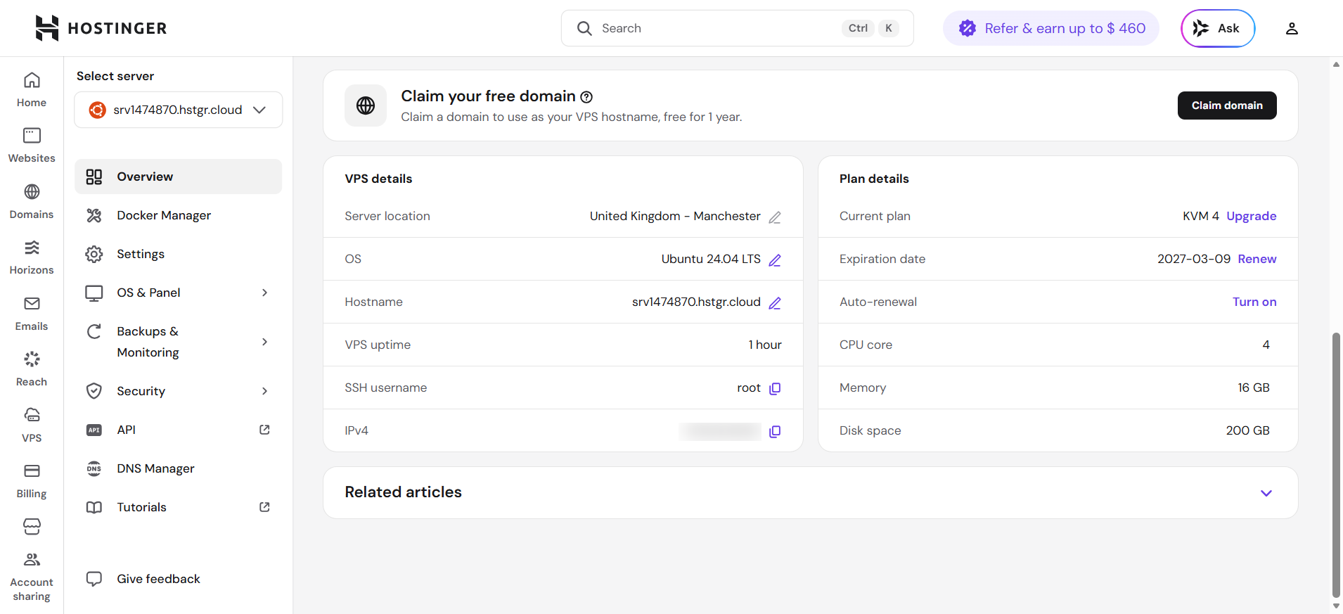 screenshot of Hostinger Server overview
