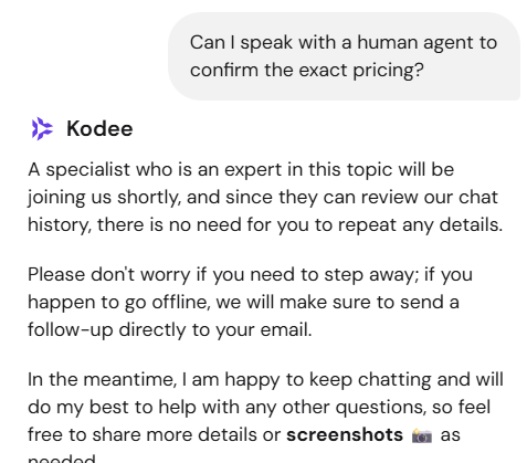 screenshot of Hostinger Kodee Chat conversation