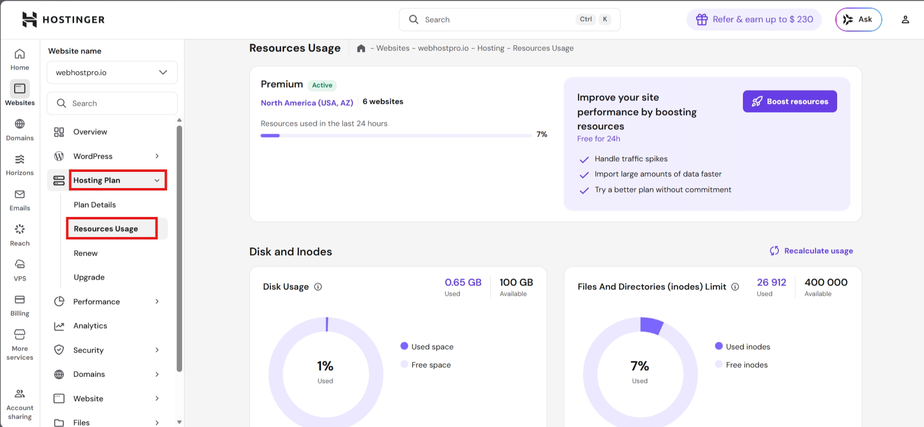 Hostinger hPanel resource usage page showing CPU, memory, and storage usage