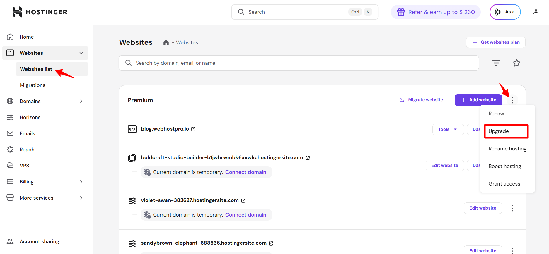 Hostinger hPanel websites list with options menu for upgrading a hosting plan