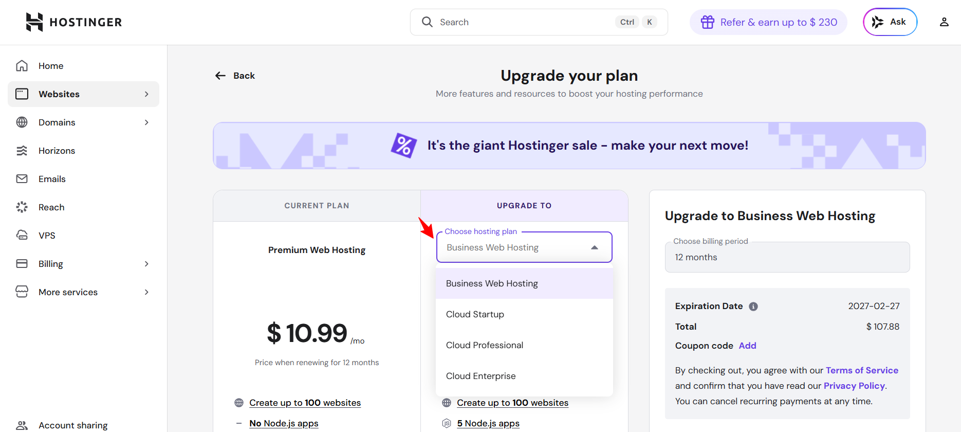 Hostinger upgrade page with plan selection dropdown